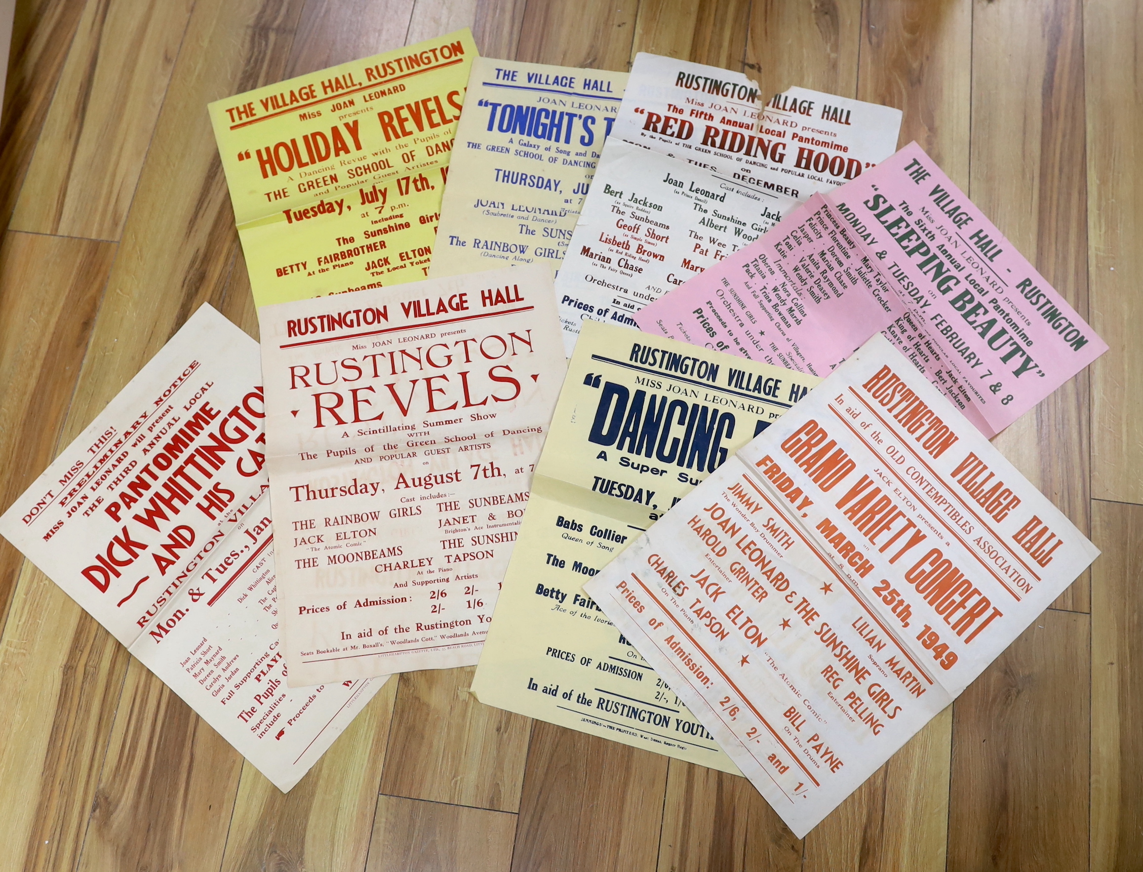 Eight unframed 1940s posters, promoting performances at Rustington Village Hall, including; Grand Variety Concert, Dick Whittington, Sleeping Beauty, etc. 38cm x 51cm